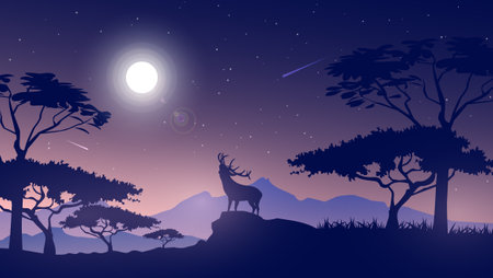Night Landscape with Deer, Mountains and Bright Moonのイラスト素材