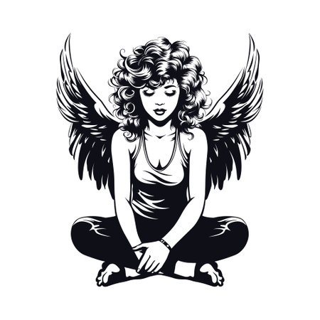 Beautiful girl with wings. Black and white vector illustration for t-shirt print.のイラスト素材