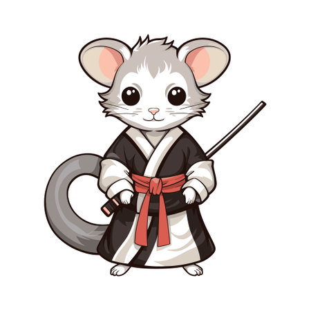 Cute mouse in kimono with a stick. Vector illustrationのイラスト素材