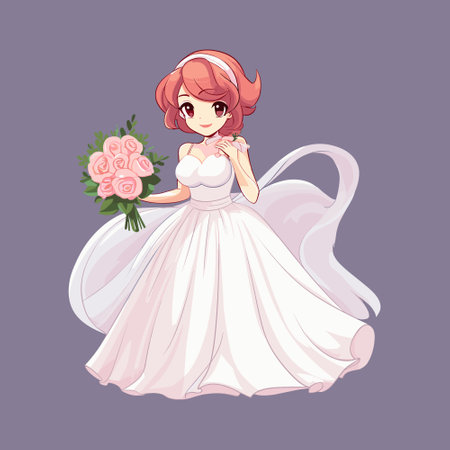 Cute cartoon girl in wedding dress with a bouquet of flowersのイラスト素材