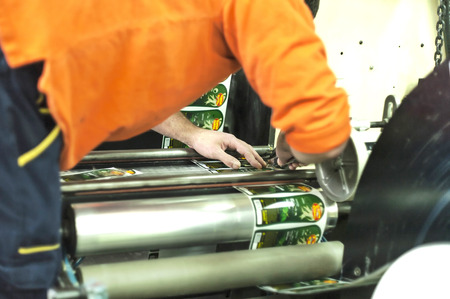 Printing at high speed on offset machine. Label, Rolled Up, Printing Out, Group of Objects,...