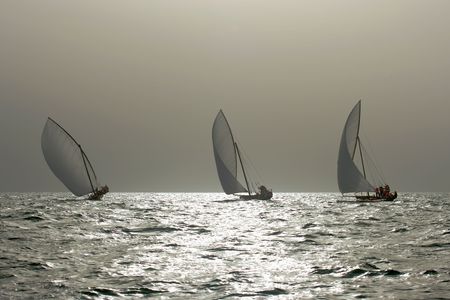 Traditional racing dhows sailing in the Arabian Gulf, near Dubai.の写真素材