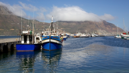 Fishing boats in Hout Bay Harbour, near Cape Town, South Africa, with Chapman's Peak in the background.の写真素材
