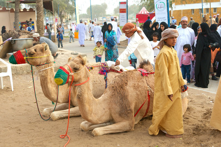 MUSCAT, OMAN - FEBRUARY 1, 2008  Omanis in traditional dress, together with a pair of camels, in a Muscat street, in the Sultanate of Oman のeditorial素材