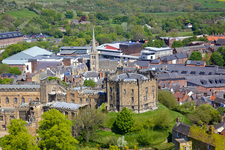 An aerial view of Durham Castle, a Norman castle in the city of Durham, England, which has been wholly occupied since 1840 by University College, Durham  The castle and nearby cathedral are a World Heritage Site のeditorial素材
