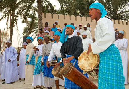 Omani musicians providing music for a tribal dance in Muscat, in the Sultanate of Oman.のeditorial素材