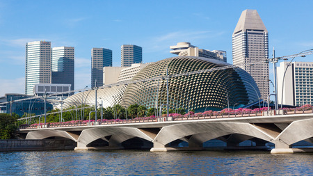 A view of the Singapore River, with a bridge and modern buildings in the background.のeditorial素材