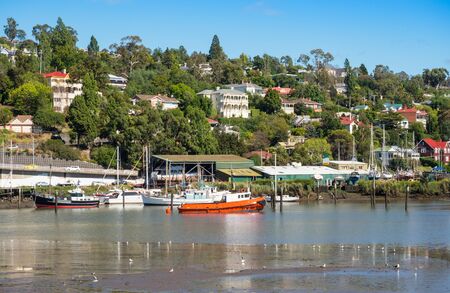 Boats and yachts moored in the Tamar River in Launceston, in Tasmania, Australia.の写真素材