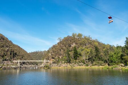 TASMANIA, AUSTRALIA - FEBRUARY 15, 2019: The chairlift at Cataract Gorge in Launceston, Tasmania, is the longest single-span chairlift in the world.のeditorial素材
