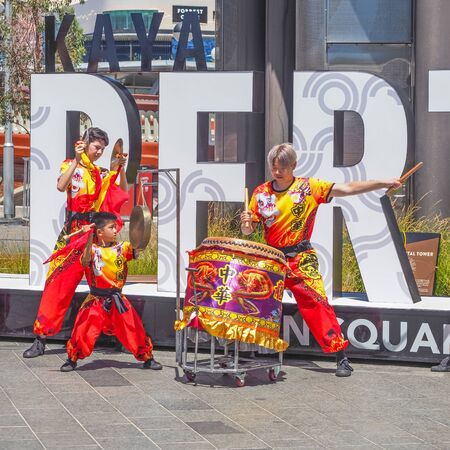 PERTH, AUSTRALIA - FEBRUARY 2, 2020: A drummer and young percussionists at the Perth Chinese New Year Fair 2020のeditorial素材