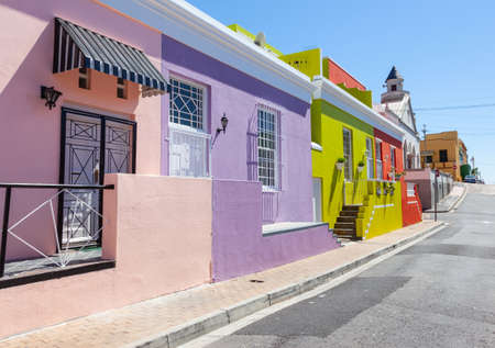 Colourful cottages in a street in Bo Kaap, formerly known as the Malay Quarter, in Cape Town, South Africa.の写真素材
