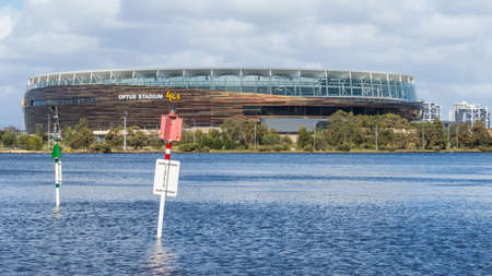 PERTH, AUSTRALIA - SEPTEMBER 19, 2020: The Optus Stadium seen from across the Swan River in Perth, Western Australia.のeditorial素材