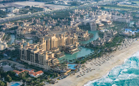 DUBAI, UAE - MARCH 3, 2005: An aerial view of Madinat Jumeirah, an Arabian mini-city in Dubai, comprising five-star hotels, ornate souks and upmarket restaurants.のeditorial素材