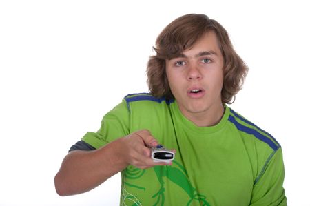 Teenager presses control panel buttons on a white background