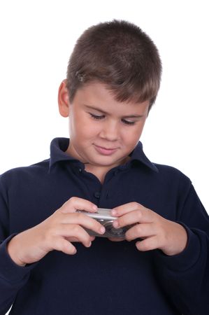Boy with a camera on a white backgroundの写真素材