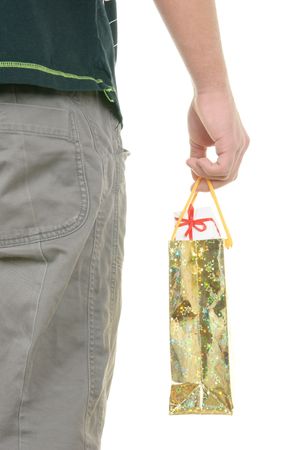 Teenager holds  package with gifts on  white backgroundの写真素材