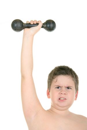 Little boy does gymnastics on  white backgroundの写真素材