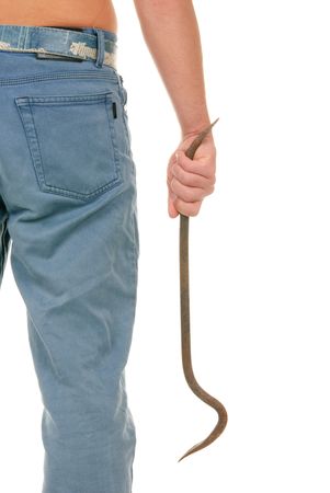 Teenager holds curve piece of iron on white backgroundの写真素材