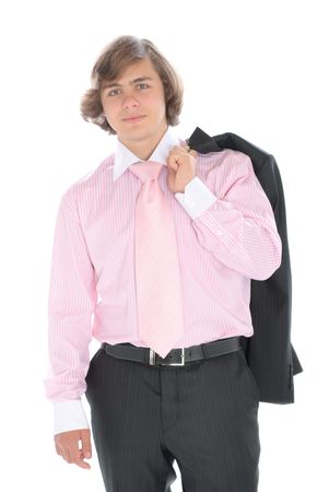 Smiling teenager in suit with ties isolated in whiteの写真素材