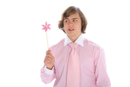 Teenager in suit with ties with weather vane isolated in whiteの写真素材