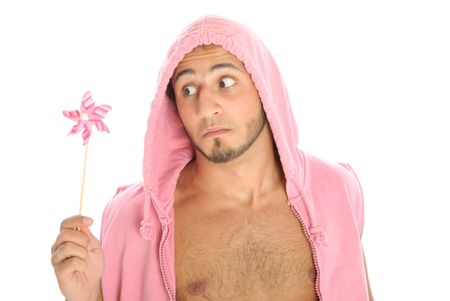 Unshaven young man with weather vane isolated in whiteの写真素材