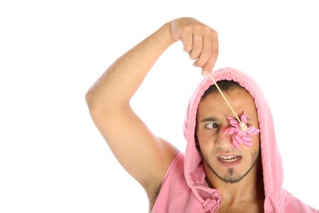 Unshaven young man holds weather vane before eye isolated in whiteの写真素材