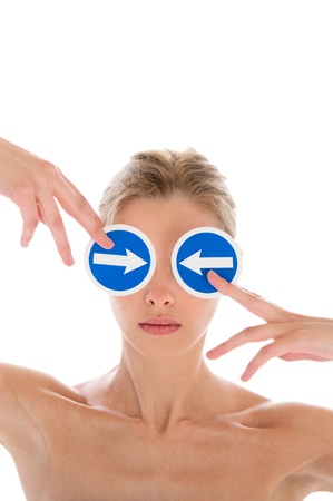 woman holding hands before his eyesの写真素材