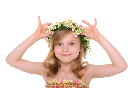 happy girl with wreath of daisiesの写真素材