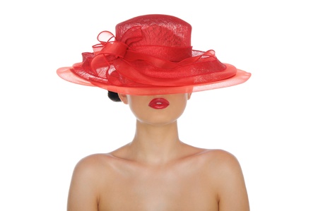 beautiful woman with red hatの写真素材