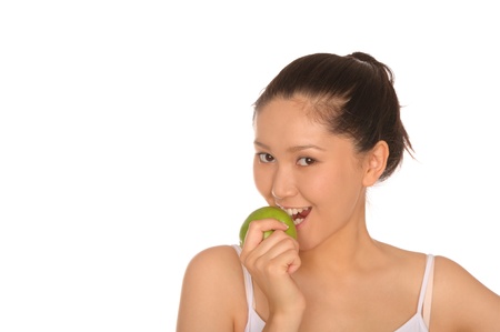 happy asian woman with green appleの写真素材