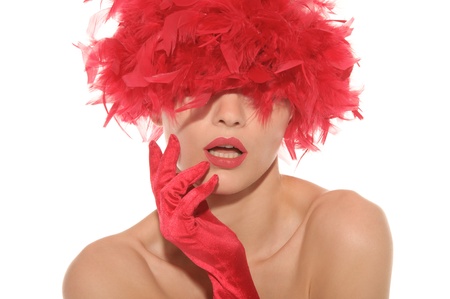 beautiful woman in red gloves and hatの写真素材