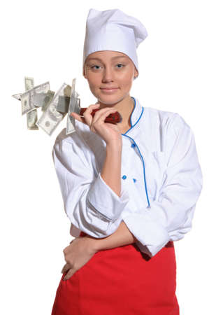 happy woman- chef with knife and money isolated on whiteの写真素材