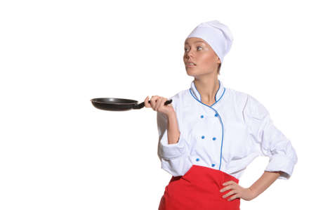 woman-cook with frying pan isolated on whiteの写真素材
