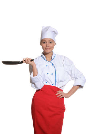 happy woman-cook with frying pan isolated on whiteの写真素材