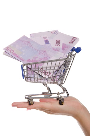 euro banknotes in shopping trolley on the palmの写真素材