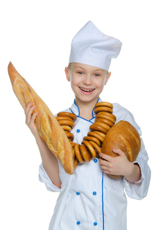 Laughing baker with bread and bagels Isolated on whiteの写真素材