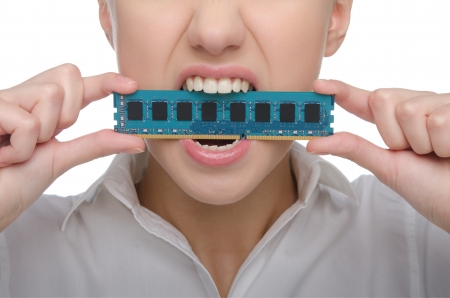 Woman with board memory in the teeth isolated on white