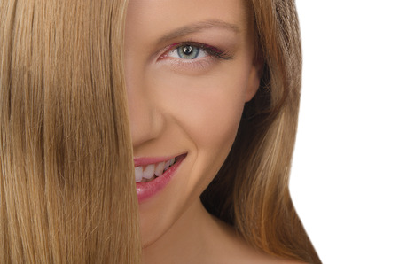 horizontal portrait of smiling beautiful woman with straight hairの写真素材