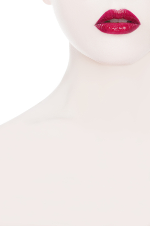 white woman with red lips isolated on whiteの写真素材