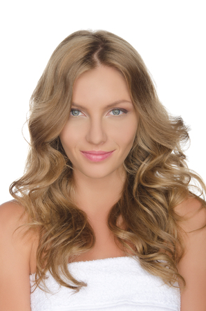 Beautiful European woman, white backgroundの写真素材