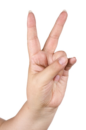 female hand with two fingers raised, a gesture meaning  victory  on a white background の写真素材