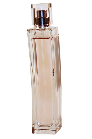 Glass perfume bottles pink rectangular on a white backgroundの写真素材