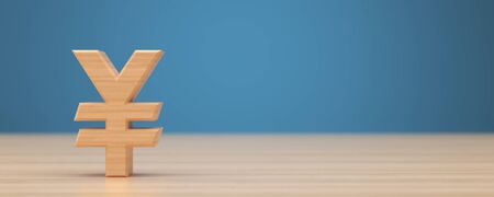 Wooden yen sign. 3d yen currency symbol on wood background.