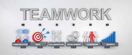 Teamwork development, success, goals, communication, leadership, growth and collaboration.