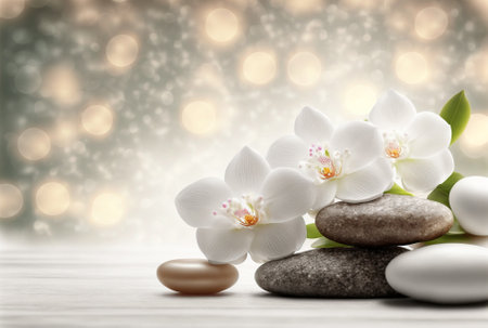 Spa stones and white orchids on bokeh backgroundの写真素材