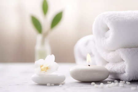 A peaceful spa setting with a white towel, candle and flower, promoting relaxation and wellness through healthful therapy.の写真素材