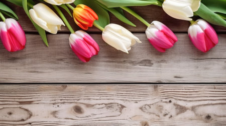 A vibrant bouquet of bright tulips on a rustic wooden table celebrates the beauty and love of spring.の写真素材