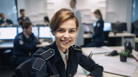 A beautiful young caucasian policewoman sitting at her desk in modern office surrounded by people.の素材