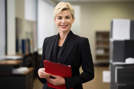 A successful businesswoman stands in her office, smiling confidently as she looks at the camera. Her blond hair frames her caucasian face and signifies a successful career.の素材