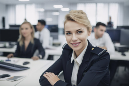 A young, beautiful blonde policewoman smiles confidently in her uniform as she works with a team of law enforcement officers in the office.の素材